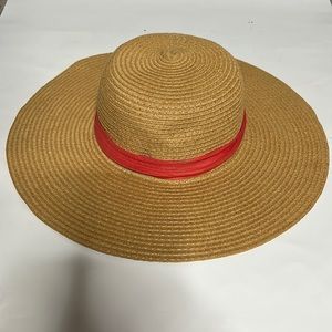 Straw Beach Hat with Coral Ribbon